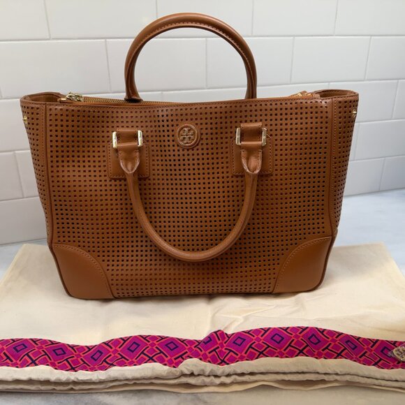 Tory Burch Robinson Perforated Tote Double Zip Tote (Long Strap Not Included) - Picture 2 of 10